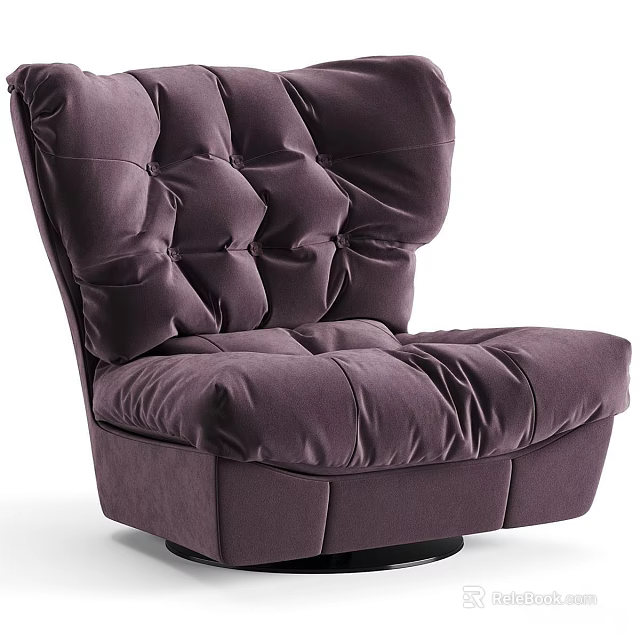 Single Purple Velvet Tufted Sofa with Plush Backrest and Black Base for Modern Living Room 3d model 