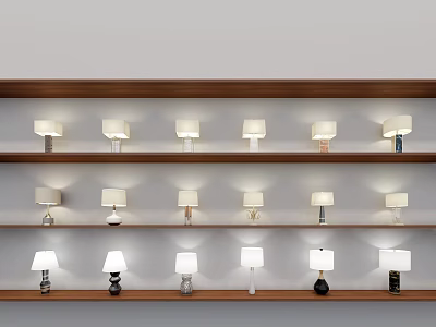 Multiple Stylish Table Lamps Arranged On Three Tiered Wooden Shelves 3d model