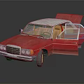 Vintage Red Classic Car With Open Doors Trunk And Brown Interior