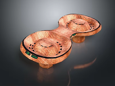 Wooden Decorative Double Bowl Shaped Craftwork With Textured Surface And Green Accents 3d model