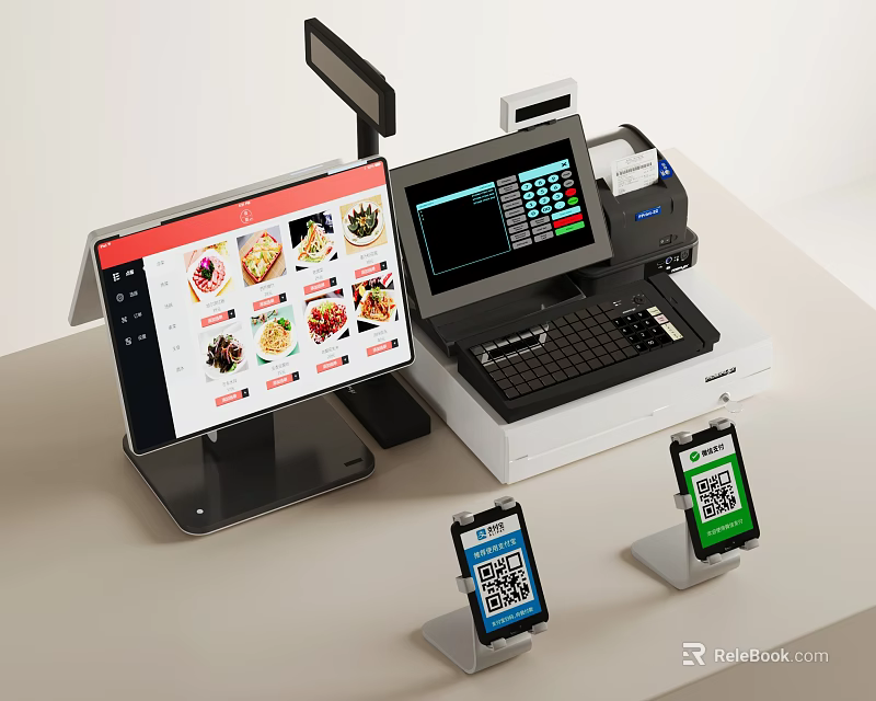 Advanced Commercial Cash Register System With Touchscreen Display And QR Payment Terminals 3d model 