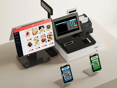 Advanced Commercial Cash Register System With Touchscreen Display And QR Payment Terminals 3d model