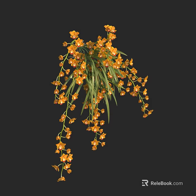 Decorative Hanging Orange Orchids with Vibrant Green Leaves in Bloom 3d model 