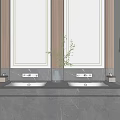 Modern Public Restroom Interior With Gray Marble Walls Stalls Washbasin Mirror And Lighting Fixtures