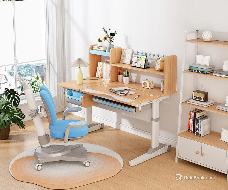 Modern Kids Desk With Blue Chair Bookshelf Table Lamp Photo Frames And Books 3d model 