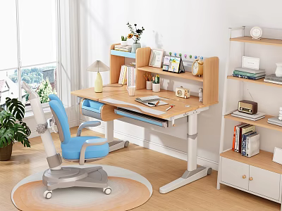 Modern Kids Desk With Blue Chair Bookshelf Table Lamp Photo Frames And Books 3d model