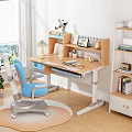 Modern Kids Desk With Blue Chair Bookshelf Table Lamp Photo Frames And Books
