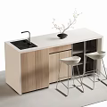 Modern Bar Counter With White Countertop Wooden Cabinet Sink Faucet Black Vase And Stools
