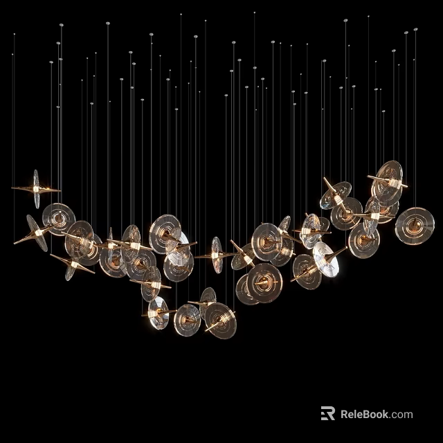 Modern Artistic Chandelier With Transparent Glass Discs Hanging From Thin Wires 3d model 