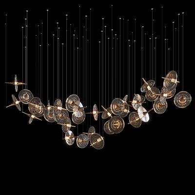 Modern Artistic Chandelier With Transparent Glass Discs Hanging From Thin Wires 3d model