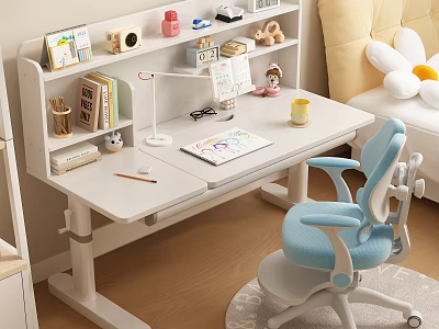 White Adjustable Kids Desk With Bookshelf Blue Chair And Study Supplies Lamp Notebook Pencils 3d model