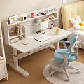 White Adjustable Kids Desk With Bookshelf Blue Chair And Study Supplies Lamp Notebook Pencils