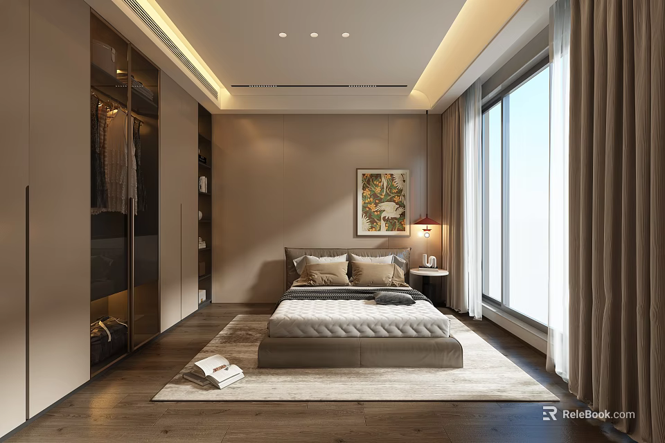 Modern Walk in Closet in Stylish Bedroom With Bed And Art 3d model 