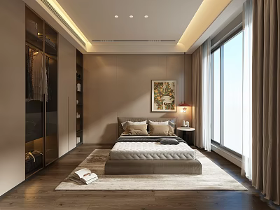 Modern Walk in Closet in Stylish Bedroom With Bed And Art 3d model
