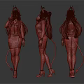 Demon Character In Professional Attire With Red Long Hair Horns Tail Three Views
