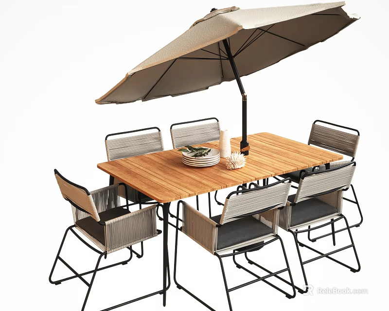 Stylish Outdoor Dining Table With Umbrella And Sturdy Metal Chairs For Patio Use 3d model 