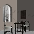 Minimalist Dining Table Set with Two Black Chairs White Cushions Arched Window and Wall Art