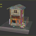 Cartoon Scenery Featuring Vintage Shop Red Sign Orange Walls Gray Tile Roof And Cardboard Boxes