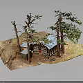 Rustic Log Cabin Model With Blue Roof Surrounding Trees And Dirt Ground