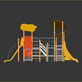 Outdoor Kids Playground Equipment with Multiple Slides Climbing Frames and Yellow Canopies