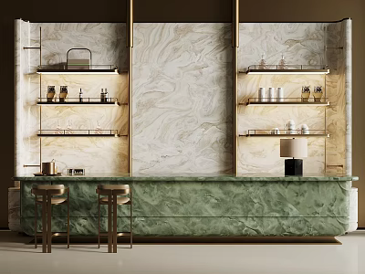 Elegant Green Marble Bar Counter Interior With Wooden Shelves And Metal Stools 3d model