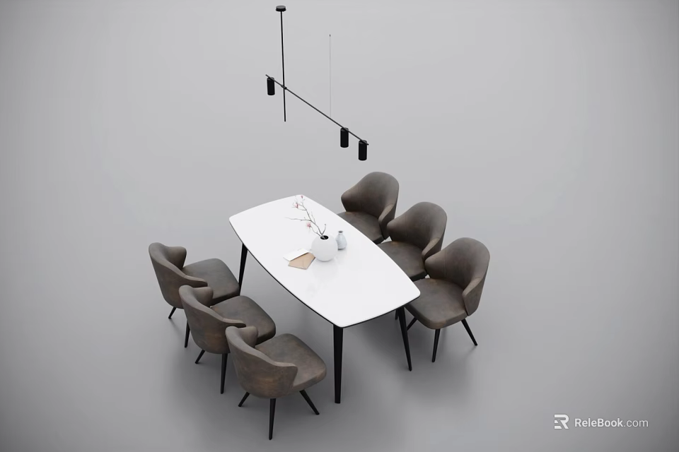 Modern Dining Table Set With White Rectangular Table Gray Chairs And Black Pendant Light 3d model