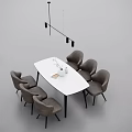 Modern Dining Table Set With White Rectangular Table Gray Chairs And Black Pendant Light 3d model
