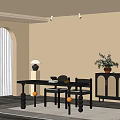 Modern Black Dining Table Set With Chairs Lamp Vase With Flowers And Cabinet