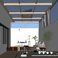 Modern Villa Balcony With Glass Roof Wooden Frame Sliding Doors Outdoor Furniture And White Walls