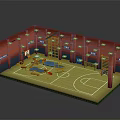 Indoor Gym Training Room Interior With Red Walls Wooden Floor White Lines Ladders Mats Barbells