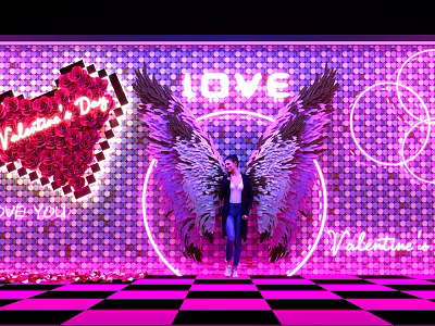 Valentine's Day Photo Spot with Neon Wings Heart Decoration and Pink Checkerboard Floor 3d model