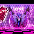 Valentine's Day Photo Spot with Neon Wings Heart Decoration and Pink Checkerboard Floor