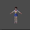 Anime School Girl Character In Sailor Uniform With Red Scarf Blue Skirt And Red Background
