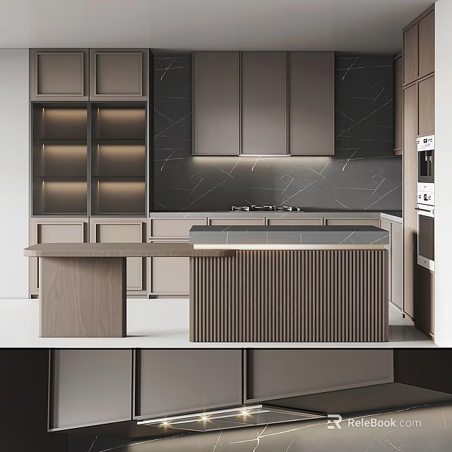 Modern Kitchen Interior Design With Wooden Island Counter And Dark Gray Cabinets 3d model 