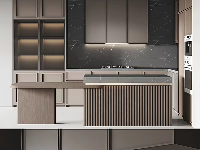 Modern Kitchen Interior Design With Wooden Island Counter And Dark Gray Cabinets 3d model