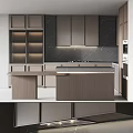 Modern Kitchen Interior Design With Wooden Island Counter And Dark Gray Cabinets