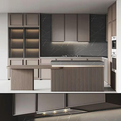 Modern Kitchen Interior Design With Wooden Island Counter And Dark Gray Cabinets 3d model