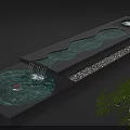 Contemporary Water Fountain With Flowing Water Curved Pool Decorative Stones And Bamboo
