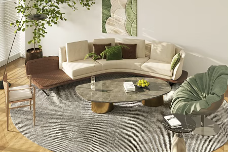 Middle Ancient Style Sofa Coffee Table Combination Living Room Sofa Coffee Table Petal Casual Chair Multi-person Sofa Three-person Sofa 3d model