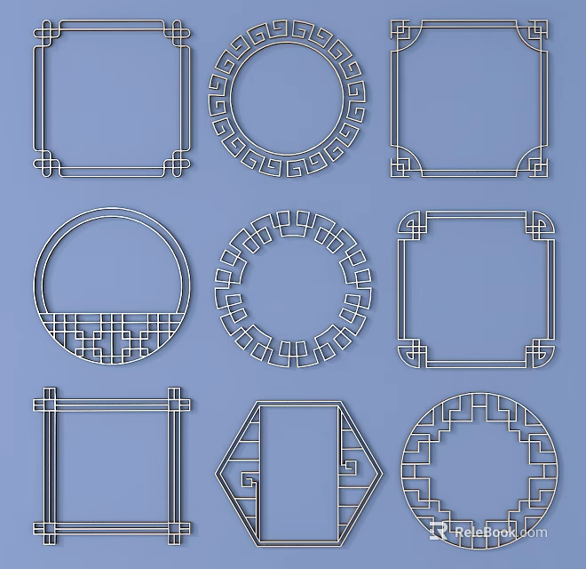 Carved Decorative Patterns Featuring Circular Square and Hexagonal Frame Designs for Interior Decoration 3d model 