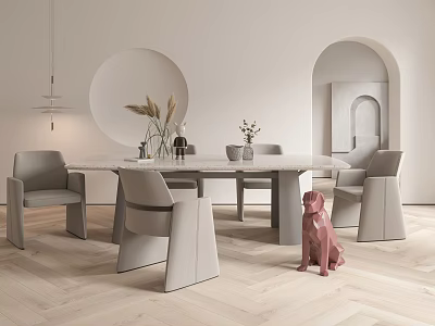 Modern Dining Table Set With Gray Chairs And Decorations On Light Colored Wooden Floor 3d model