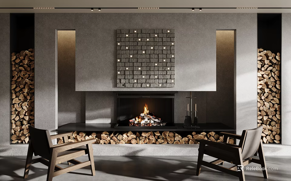 Modern Fireplace Interior With Tiled Accent Wall Burning Fire Wood Stack And Armchairs 3d model 