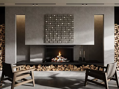 Modern Fireplace Interior With Tiled Accent Wall Burning Fire Wood Stack And Armchairs 3d model
