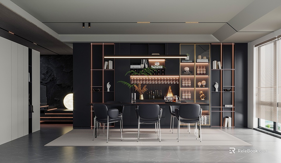 Modern Restaurant Design Featuring Black And Gold Decor Wine Rack Bar Area And Ambient Lighting 3d model 