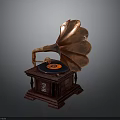 Classic Vintage Gramophone Featuring Copper Horn Carved Wooden Base And Black Turntable
