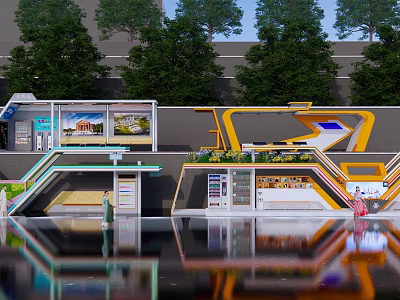 Modern Station Exterior Design With Glass Structure Metal Frame And Trees 3d model