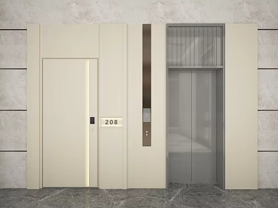 Modern Style Swing Door With 208 Room Number And Elevator Nearby Marble Wall 3d model
