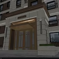 Modern Apartment Building Main Entrance Gate With Stone Facade Glass Doors Decorative Canopy and Balconies