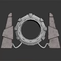 Cartoon Scene of Futuristic Portal with Circular Frame Pink Blue Lights Between Stone Pillars