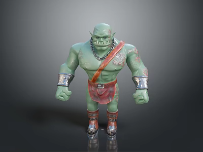 Green Skinned Muscular Monster Character With Chain Necklace And Metal Armbands Red Loincloth 3d model